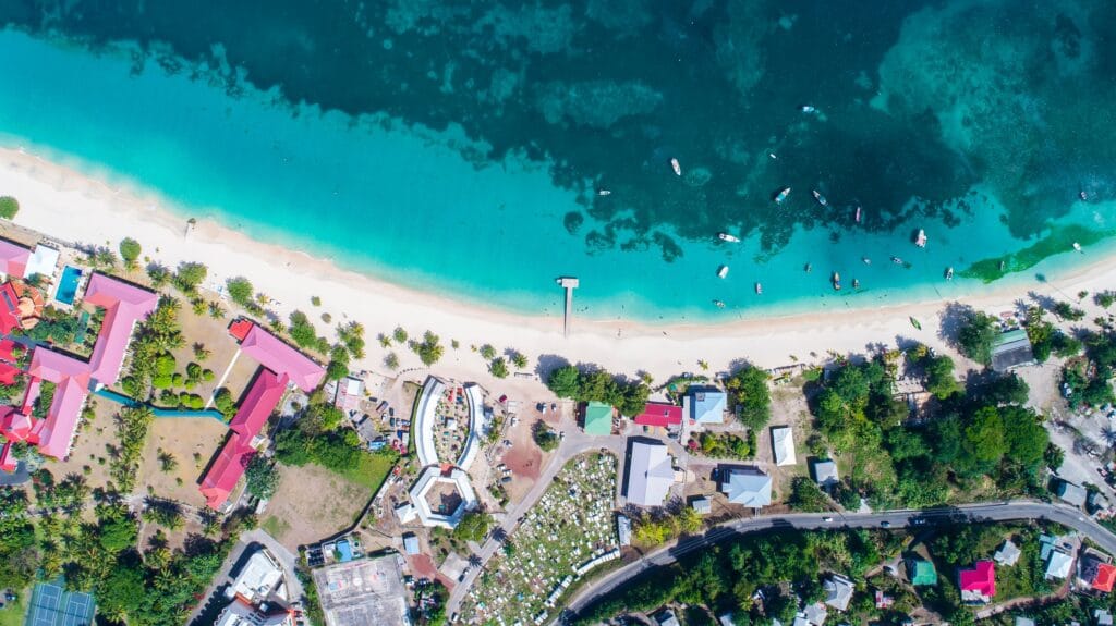 Aerial view of Grand Anse Beach, Grenada's most famous beach destination.